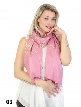 Two-Tone Thread Flower Embroidery Pashmina Scarf W/ Tassels & Sequins